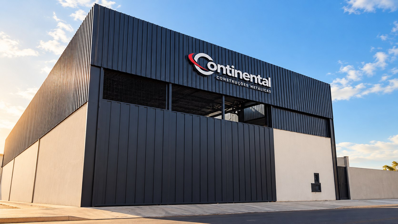 Fachada da Continental Construções Metálicas ao entardecer